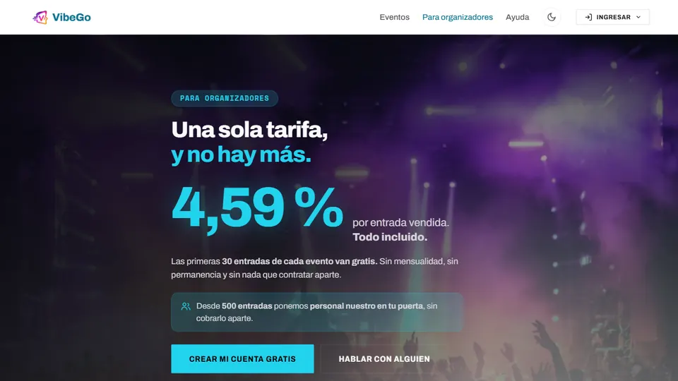 Página para organizadores de VibeGo, con la tarifa por entrada vendida