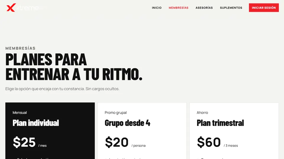 Página de membresías de Xtreme Group Gym